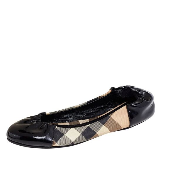 Burberry Black Patent Leather And Nova Check Coated Canvas Scrunch Ballet Flats - Picture 1 of 4